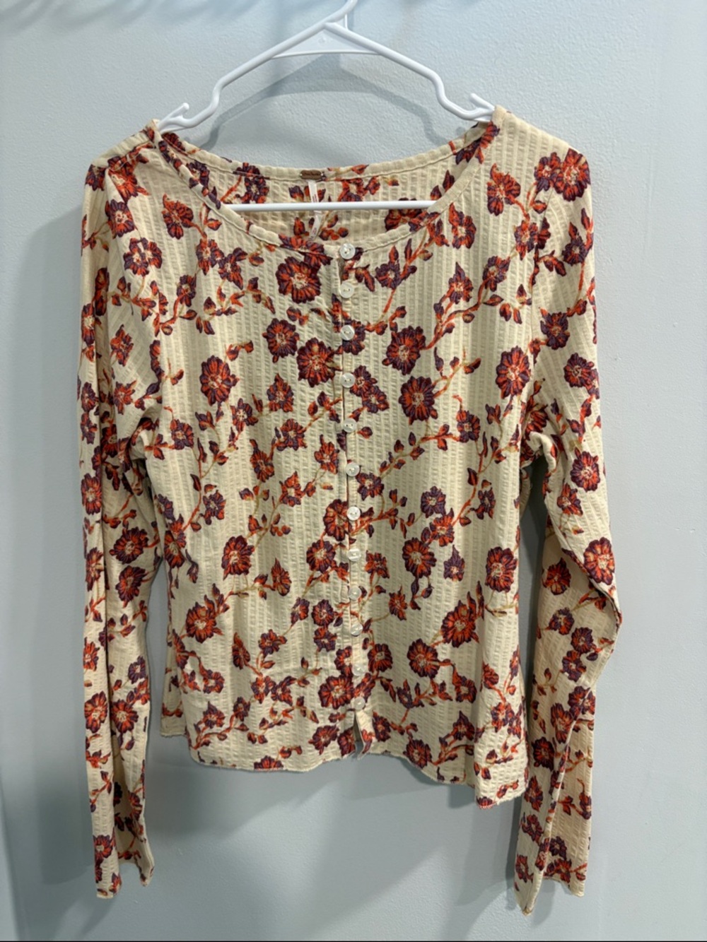 Free People Cream Button-Front Floral Long Sleeve Top